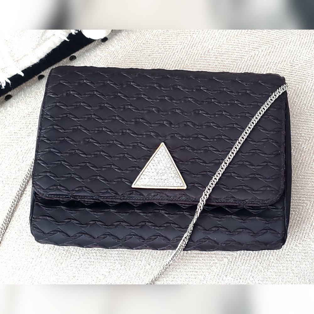 Miss Lewis Vtg Art Deco Black Satin/Textured, Diamond Embellishment Handbag EUC - Picture 3 of 16